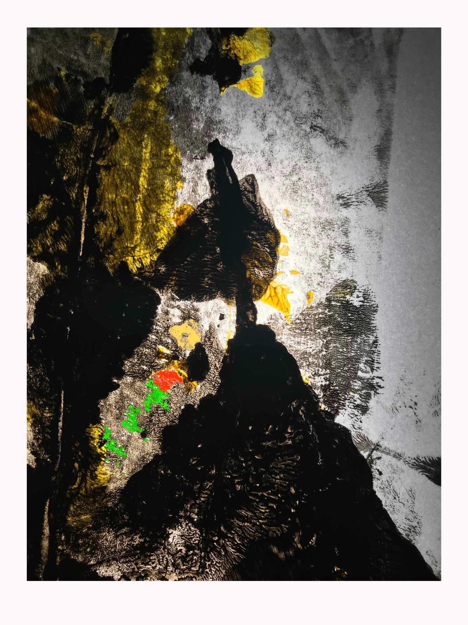 Leaf and plastic bag used as stamp, embeded with acrylic, stamped on translucent paper, photographed again backlighting