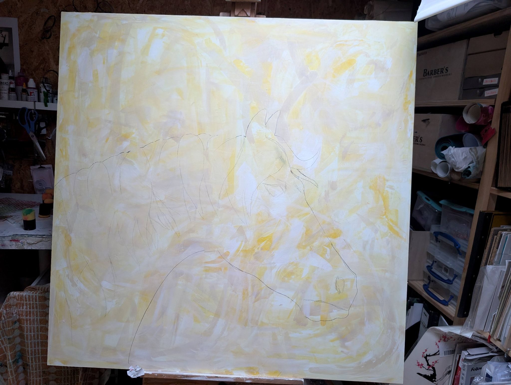 cream, white, yellow abstract background with large horsehead outlined in pencil