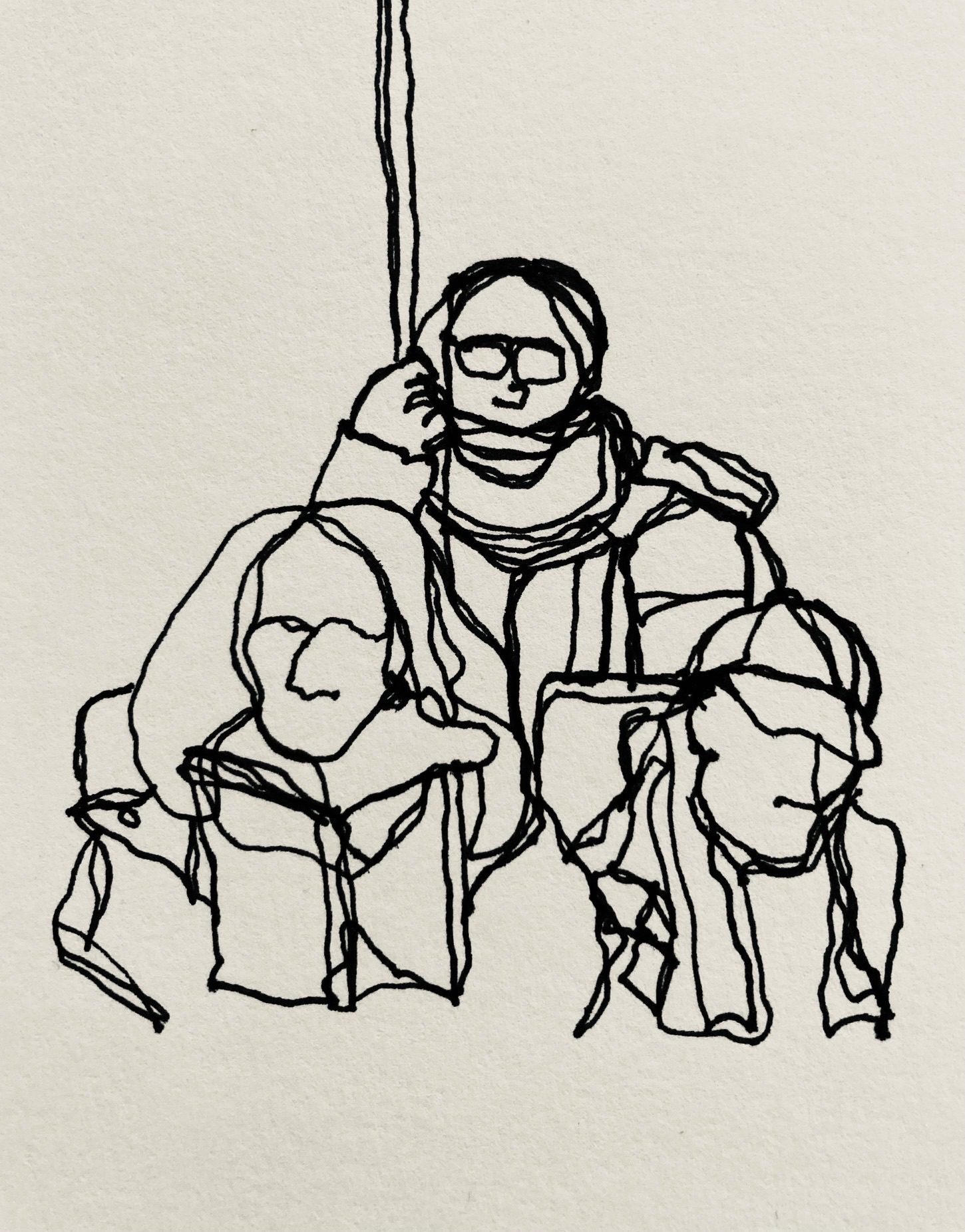 Fineliner (almost) continuous line drawing of three figures on a train