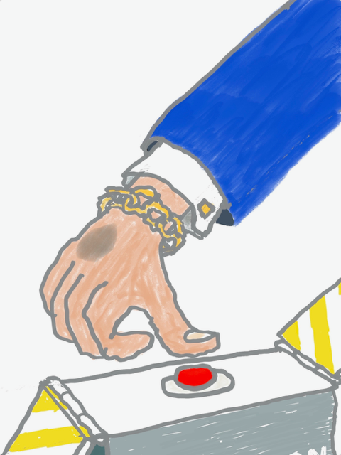 iPad drawing. Sleeved arm with bruised hand. Thumb hovers over box with red button.