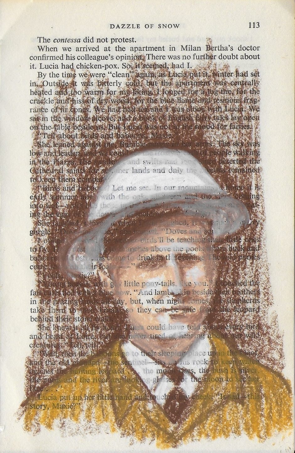 Oil pastel drawing in shades of brown on vintage book page
