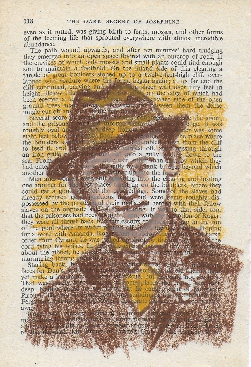 Oil pastel drawing in shades of brown of my great uncle Tim on vintage book page