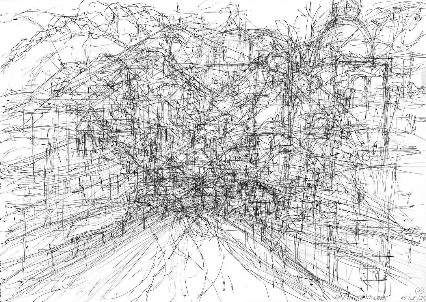 I am drawing on the passager site in a car. I draw what I see but as the car is moving what I see change all the time. At the end the journey becomes abstract because of the accumulation of different elements.