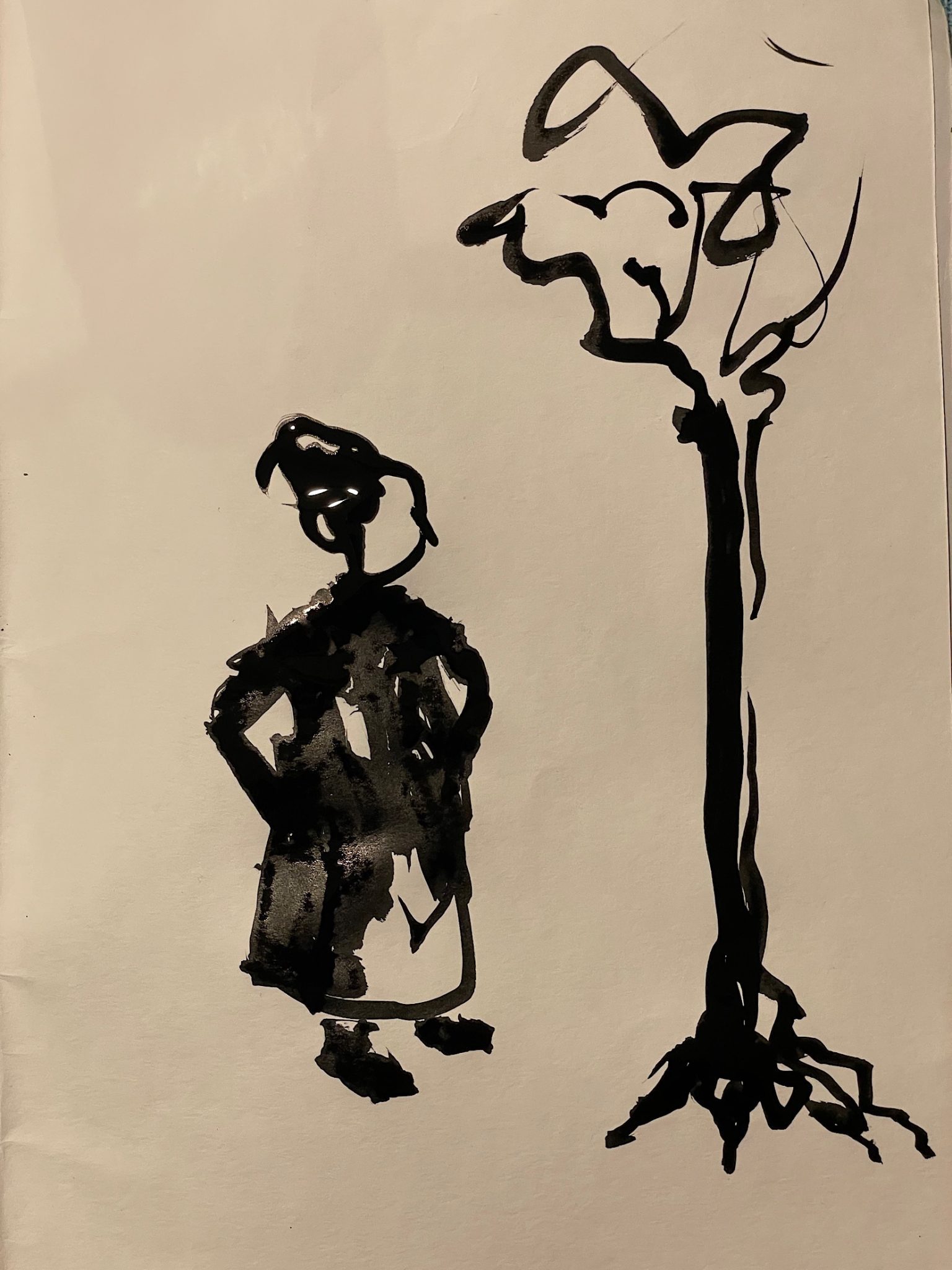 Ink drawing of a person and a tree