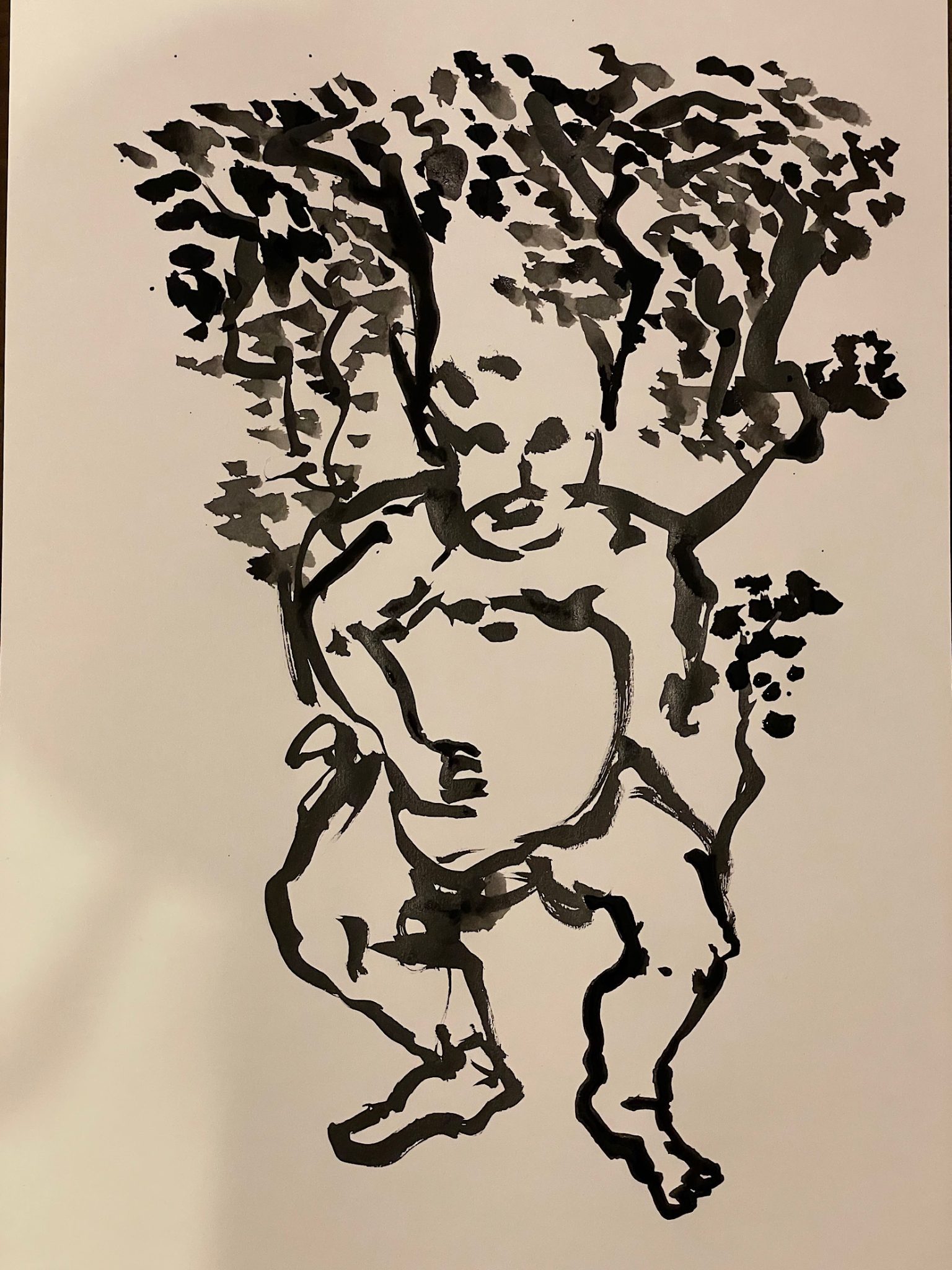 An ink drawing of a forest troll that has trees growing out of his heaf