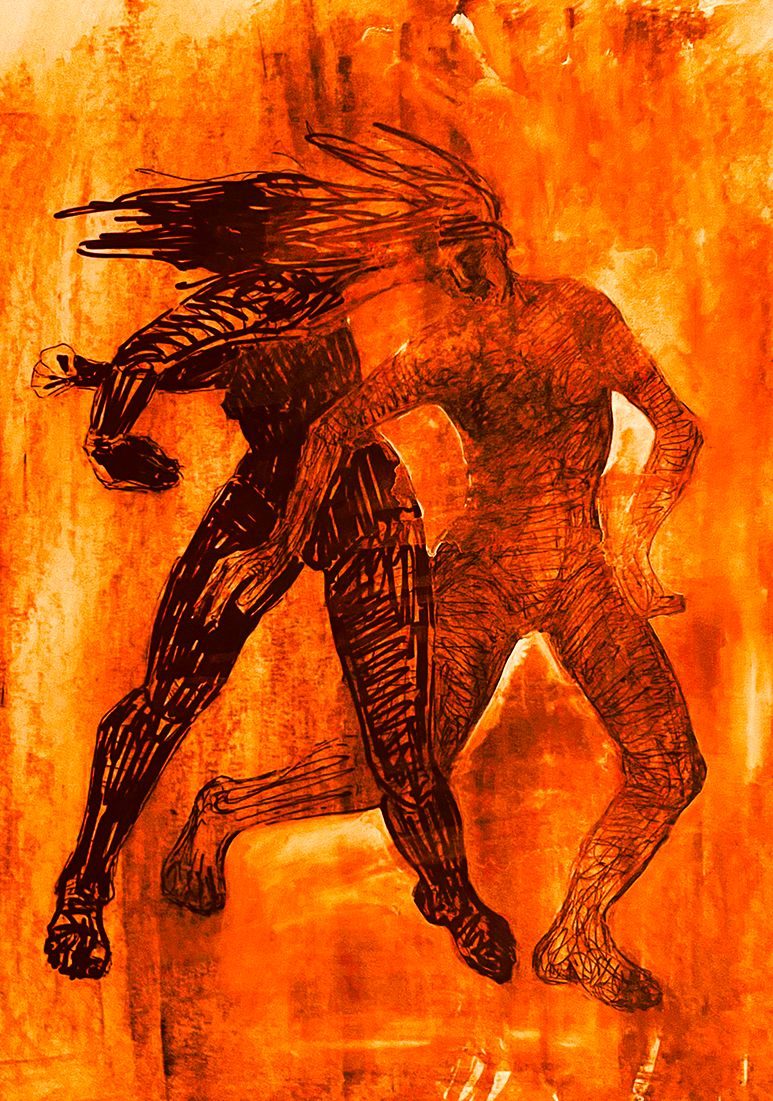 Loose drawing of two women moving together, black sharpie, pen and gouache on paper