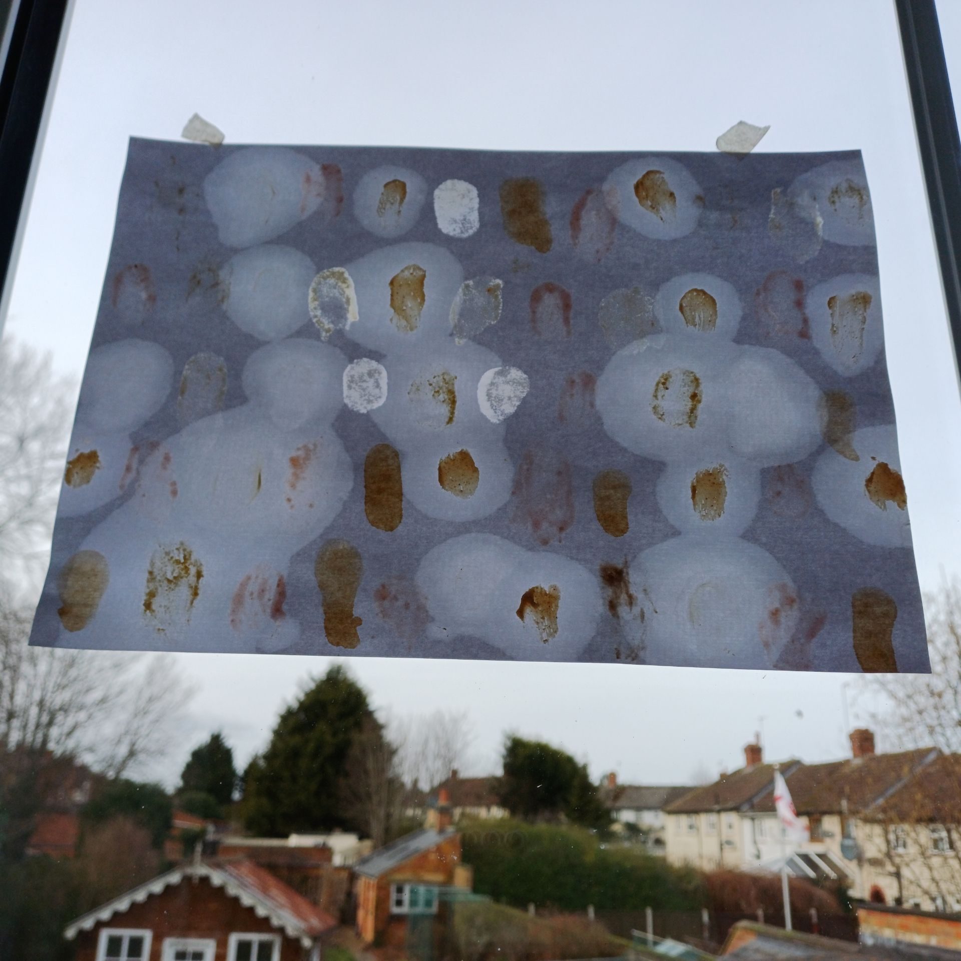 TThe fingerprint drawing using foodstuff was taped to a window, high up to maximise the bright sky.  The greasy areas glowed, like big white circular glowing blobs of snow.  The image shows it taped against the backdrop of my garden presenting the process as well as the finished work.