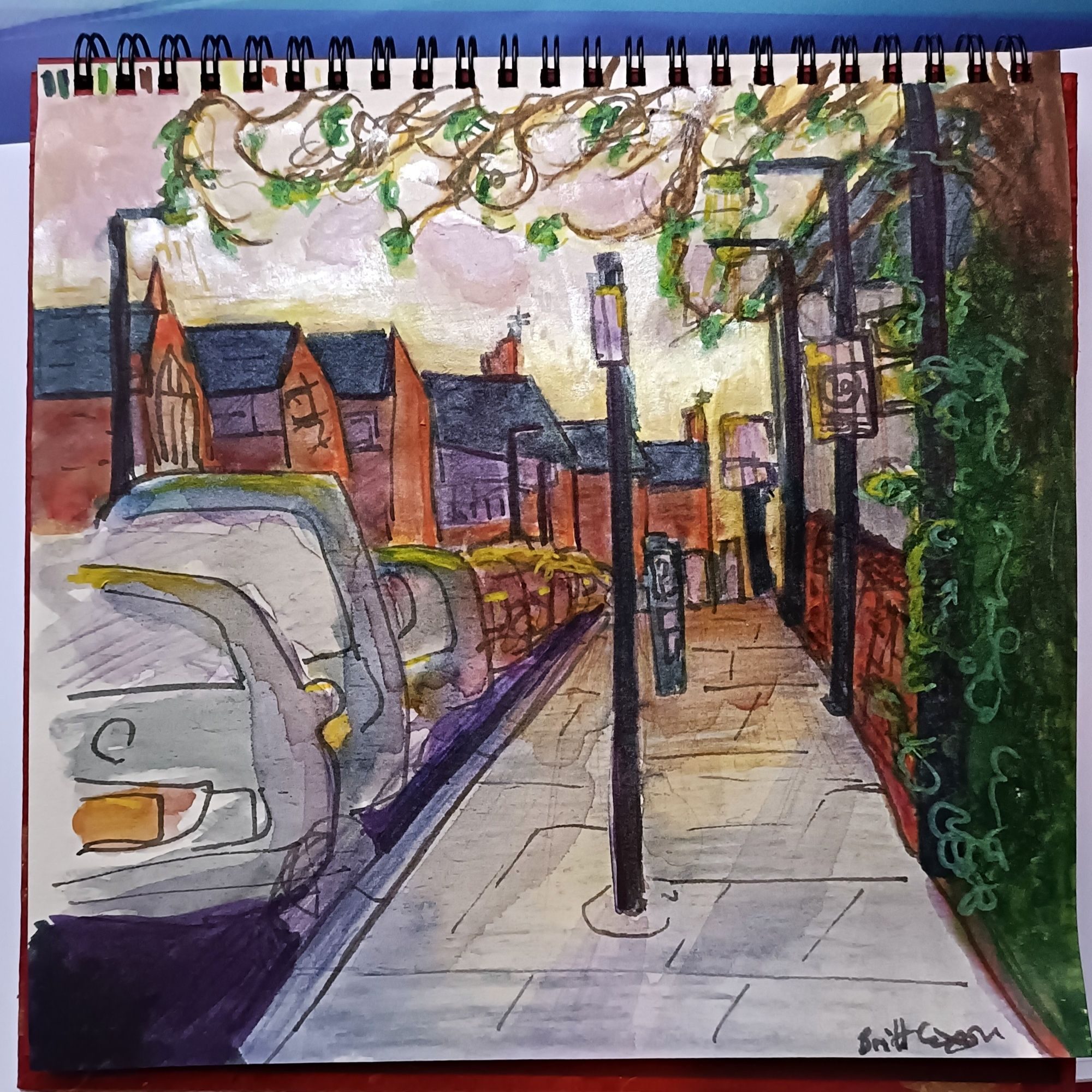A streetview in the dusk light, ink, watercolour and pencil.
