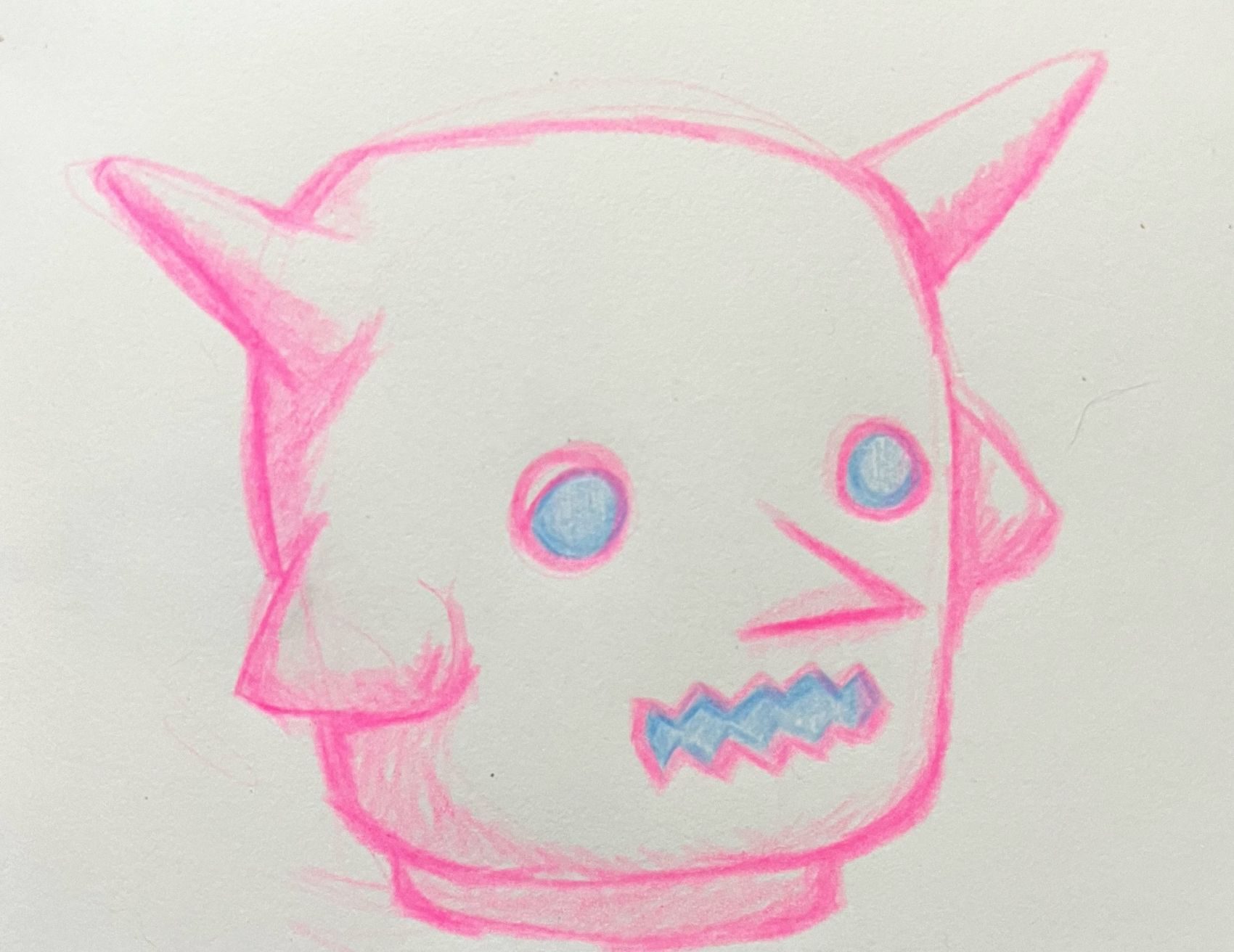 drawing of a horned head in pink and blue pencil.
