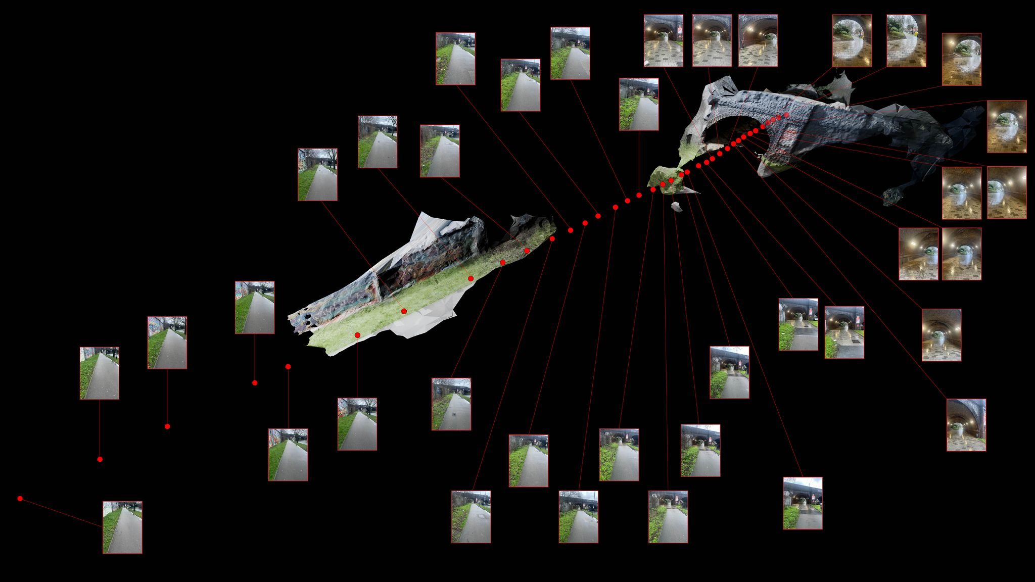 Photgrammerty model of street, highly decayed. Points of image capture overlaid on image and composit images linked by red lines