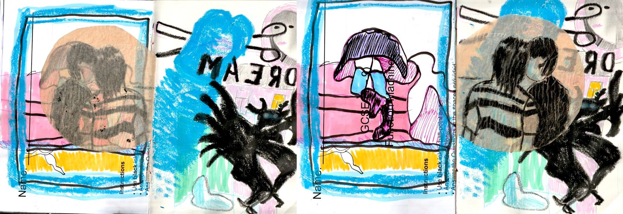 A mix-match of sketches from tate modern including: a pop art style girl on a bed, a demon, Du Champ’s urinal, kissing boys, a ghostly lady, scissors and the word “dream” backwards. There is a circle of paper with the boys kissing that is between the pages, the spread is titled showing it folded either way.