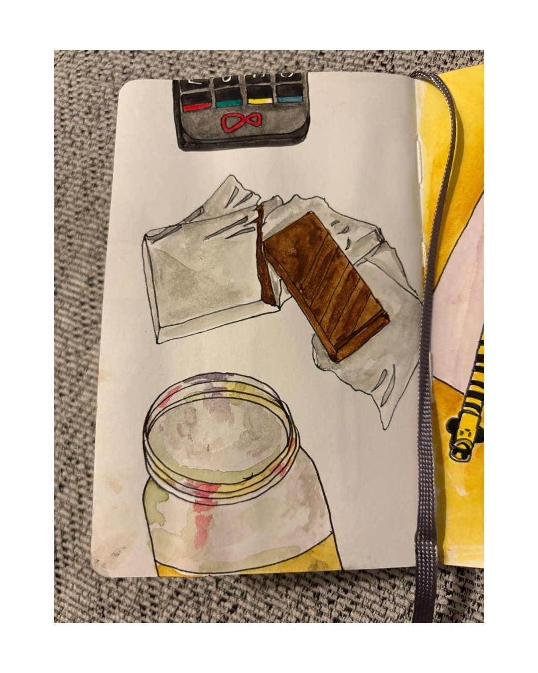 Watercolour painting of a piece of chocolate in silver foil, a jar and remote control