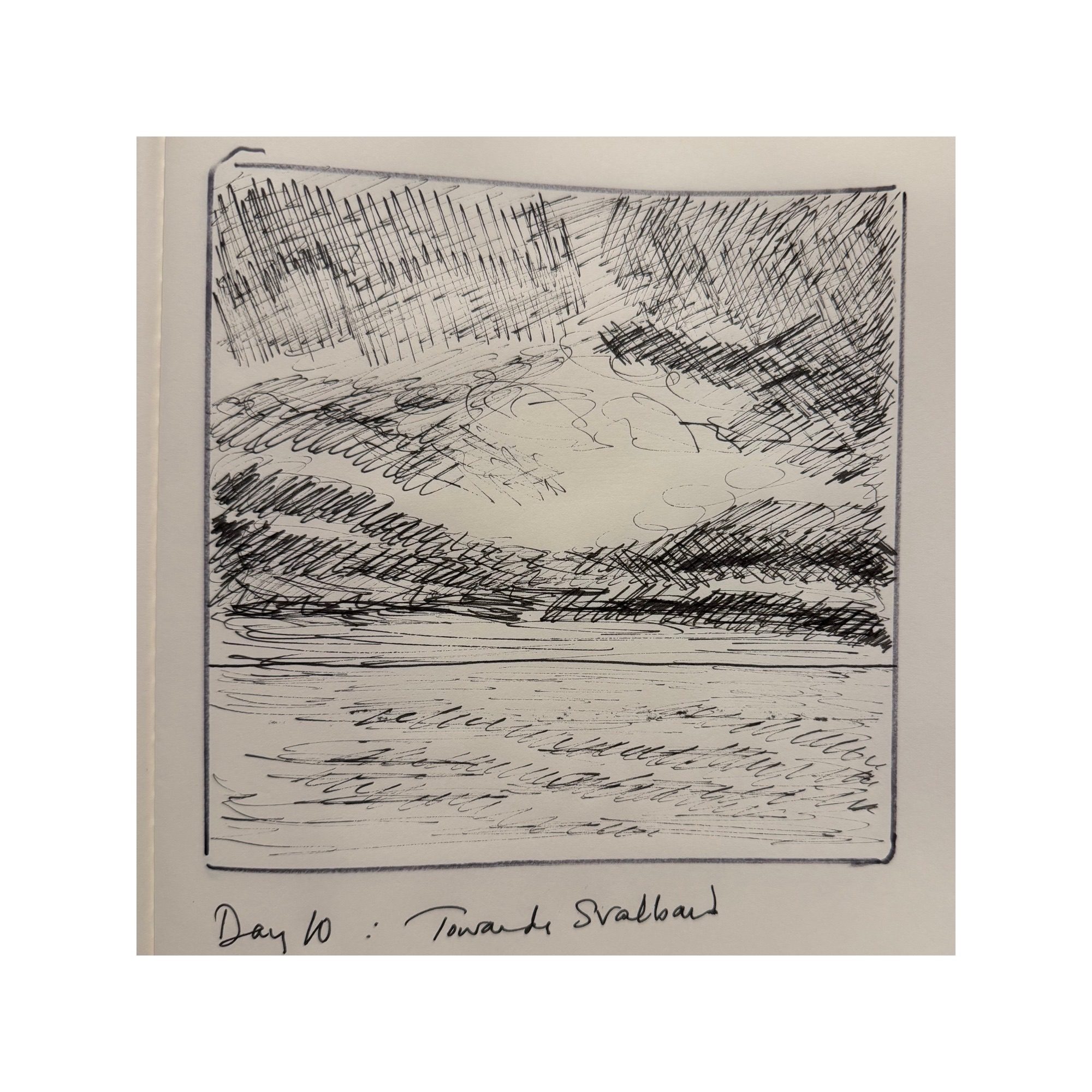 Ink sketch of gap in the clouds over the sea