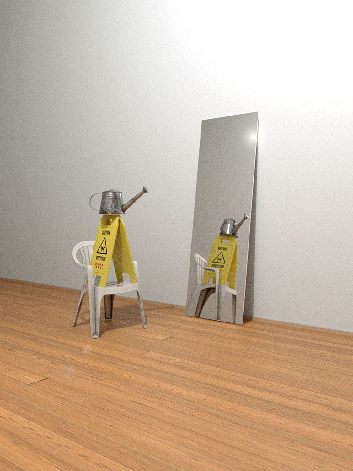 Hall with chair, wet floor sign, and watering can stacked on top of each other