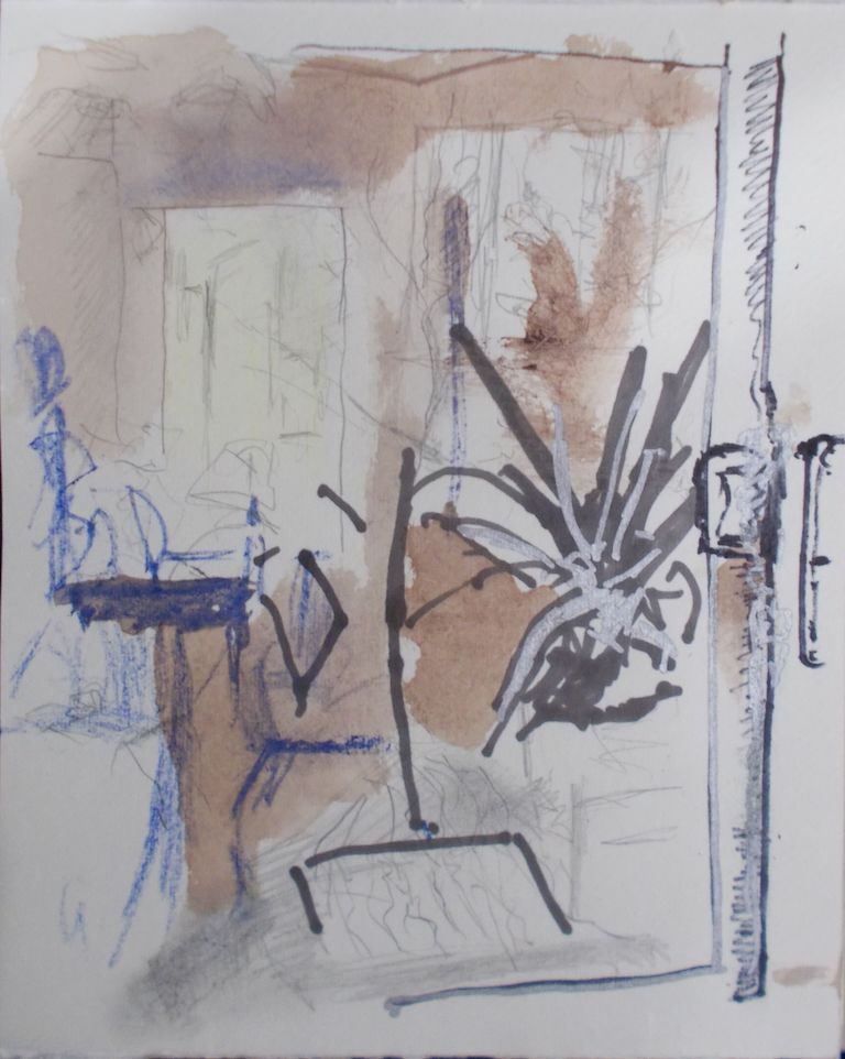 drawing looking out of a large window as it got dark, so what I saw changed and the relationships. Using pencil, pen and ink