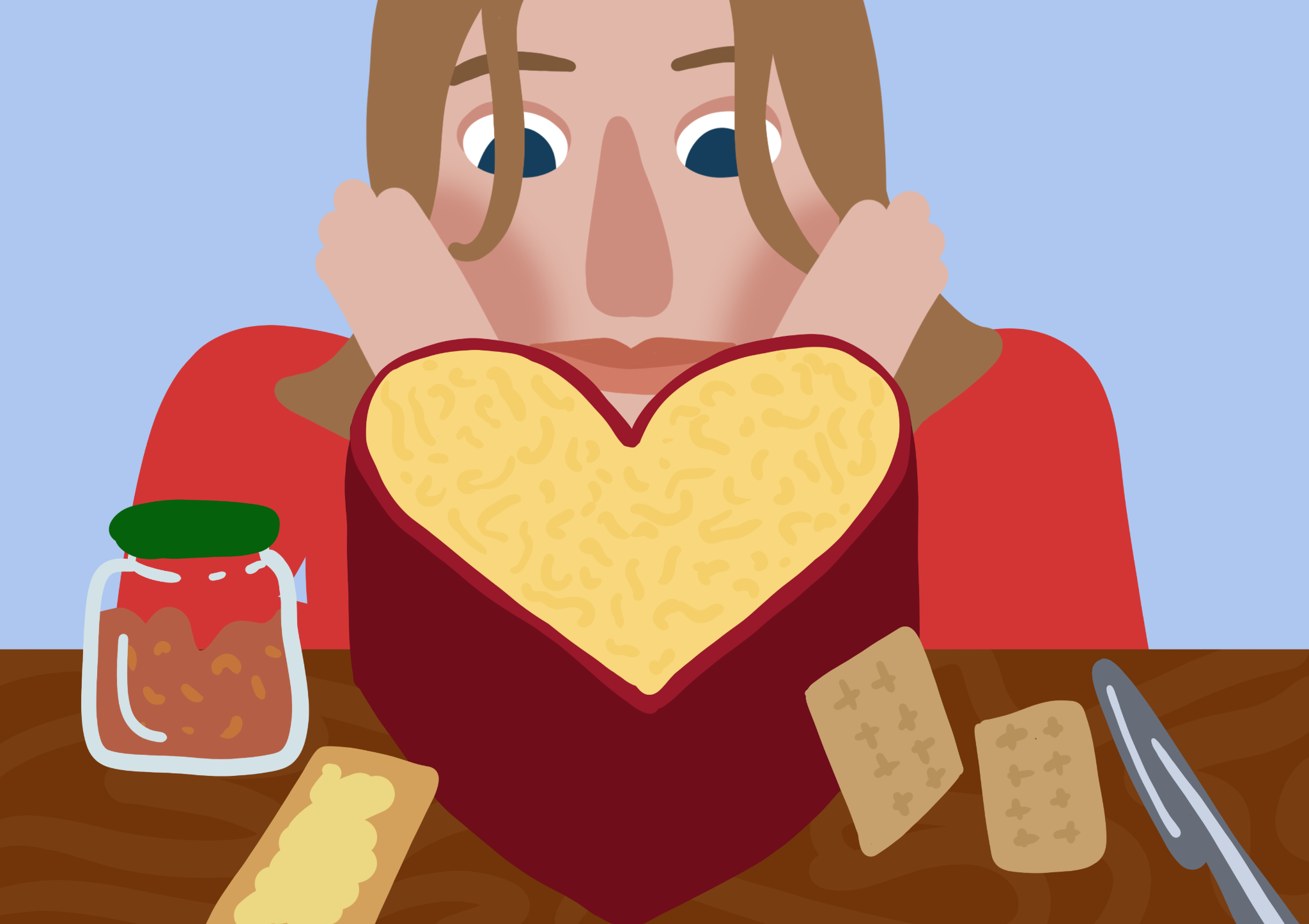 Digital illustration of a woman with short blonde hair and blue eyes, staring longingly at a big cheese shaped like a heart. The cheese is on a wooden table with some crackers, a knife and a jar of pickles.