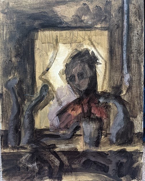 A painted sketch of someone looking in a bathroom mirror