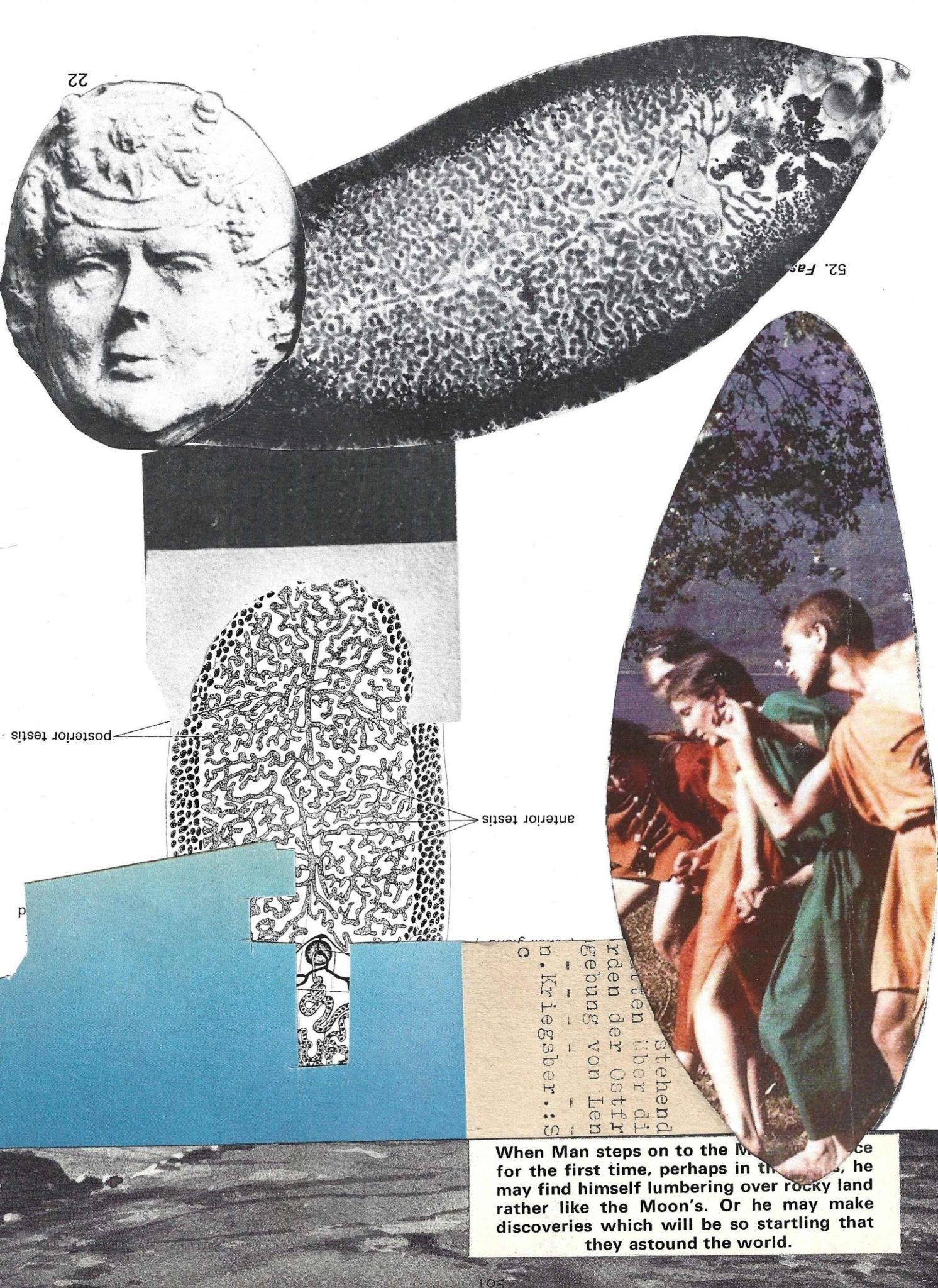 A collage made out of paper images and shapes depciting an abstract composition