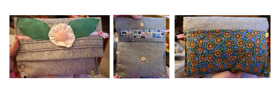 A collection of 3 photographs showing a grey bag with applique decorations ontop. There is a flower made with gathered fabric and a button, and leaves from a green fabric. On the back of the pouch there is a pocket made from sunflower fabric. Across the front there are smaller buttons sewn on randomly.