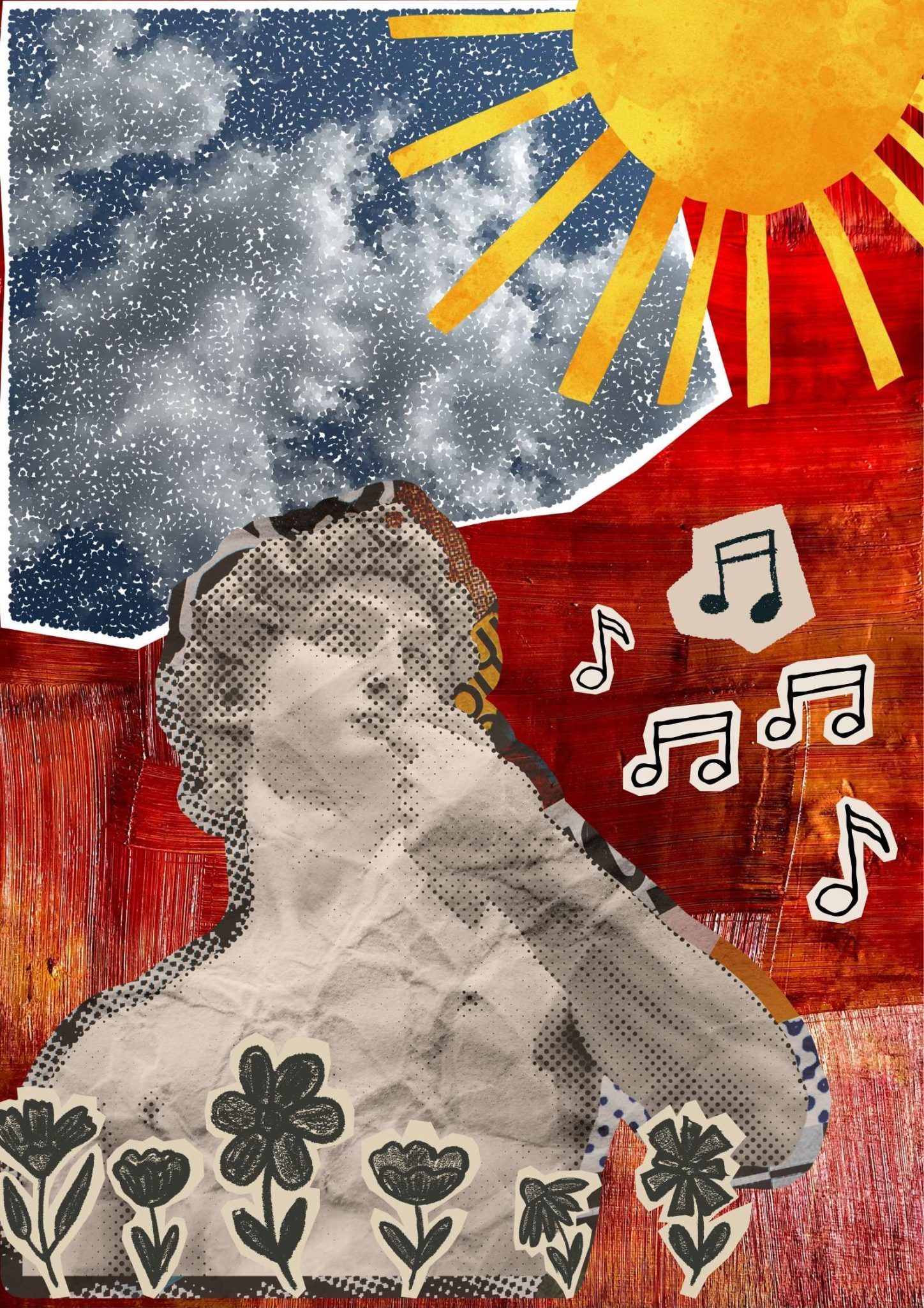 Michelangelos David  made from textured, crumpled paper set against a split background of a starry night sky above and a red painted field below. Surrounding elements include illustrated flowers at the base, musical notes to the right, and a bright yellow sun in the upper corner.