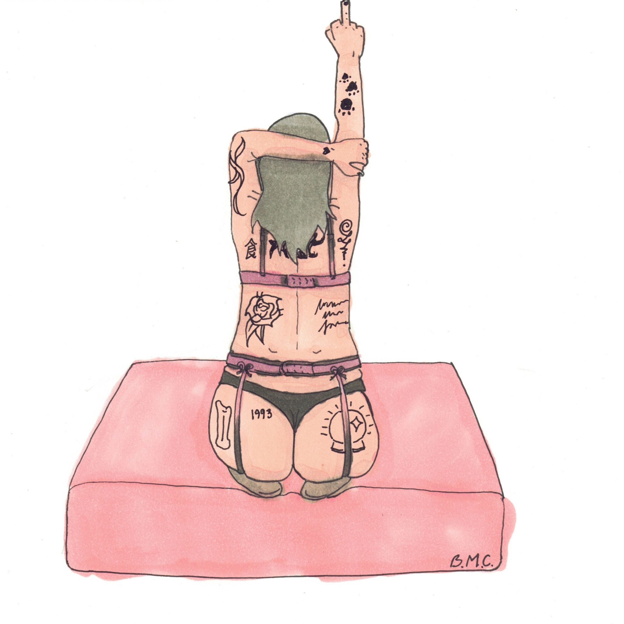 marker on paper drawing of a light skinned girl with purplish-grey hair, kneeling on a mattress and viewed from behind. she is raising her middle finger to the viewer, she is wearing purple and grey lingerie, and she has various black tattoos all over her body.