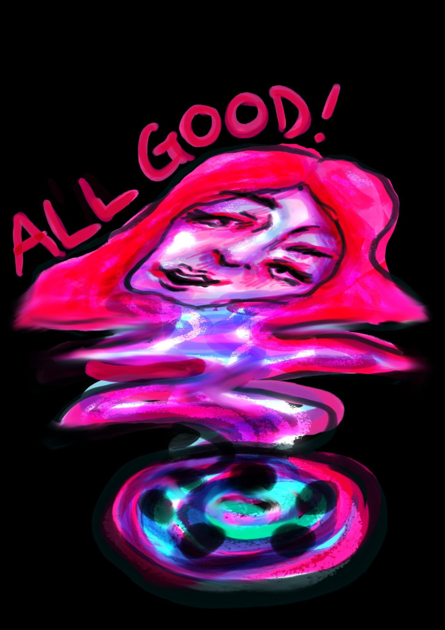 A head that is melting and swirling down the drain with the words “All Good!” Above it