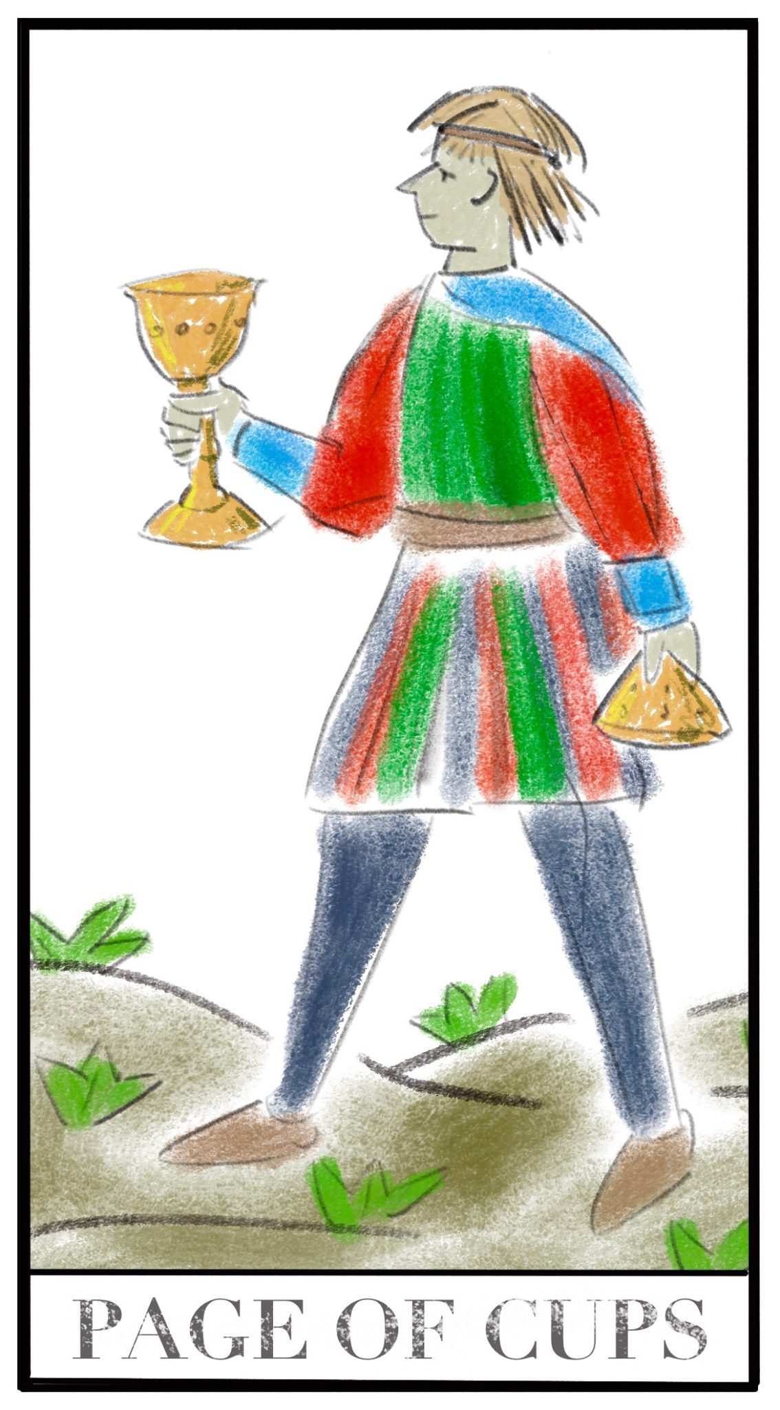 A drawing based on the tarot card the page of cups. A young man in medieval dress holds out a golden goblet