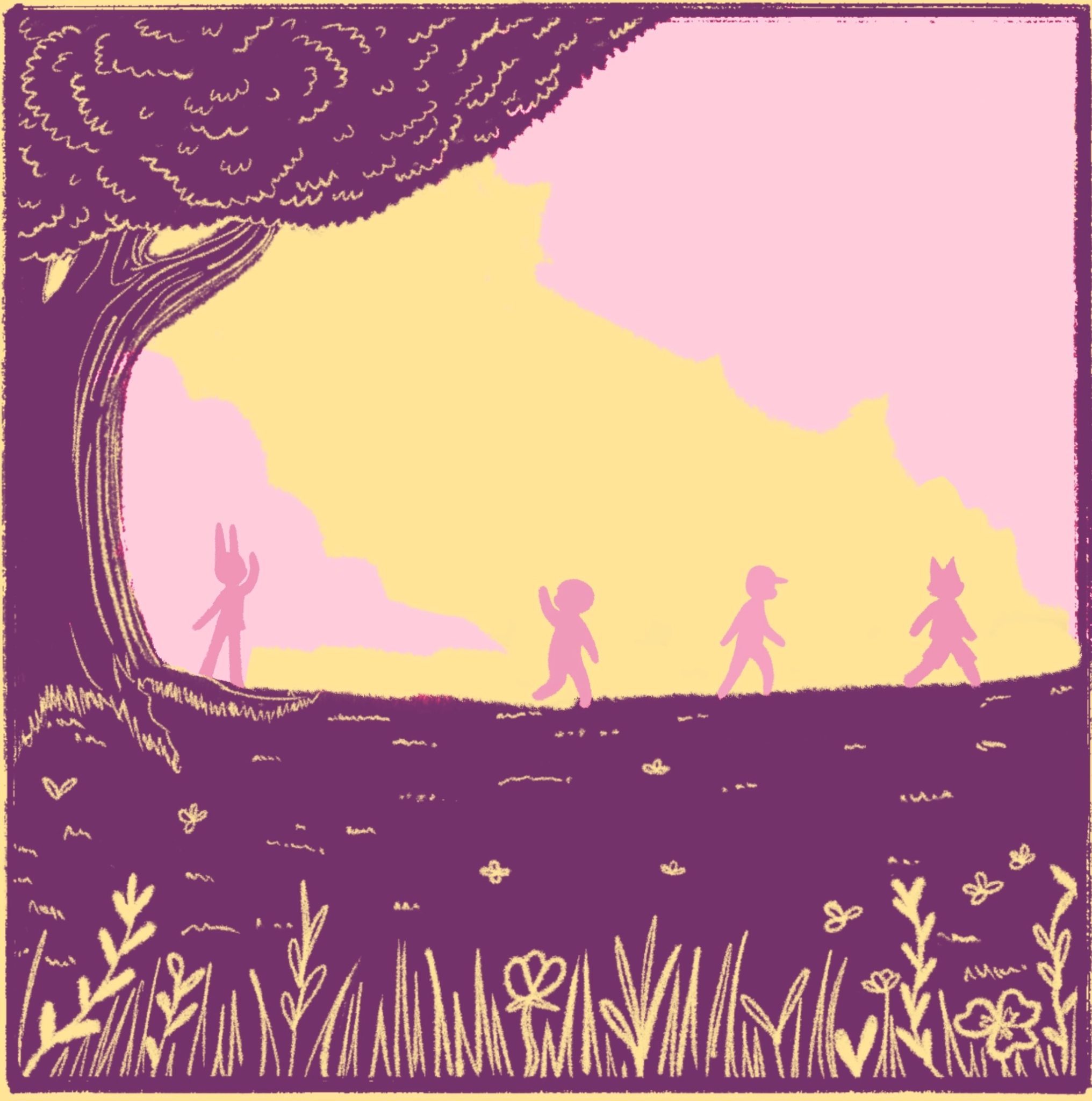 Animal friends running through the field