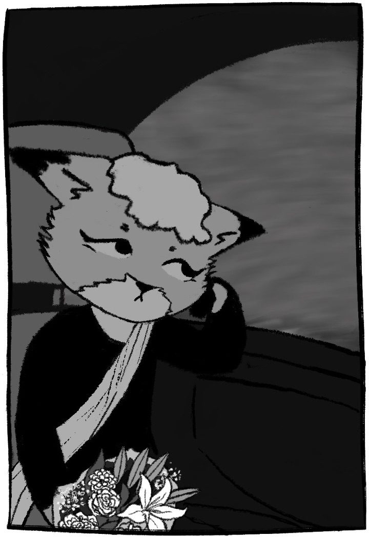 A fox dressed in black in a car with her seatbelt on and flowers on her lap, looking out the window