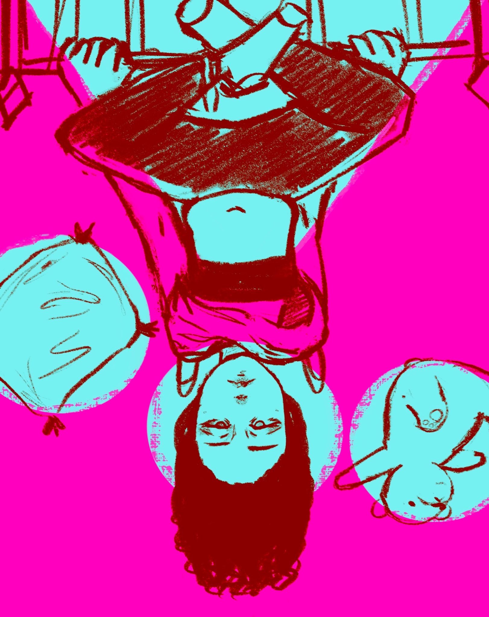 A digital painting of a girl hanging on to her bed frame, everything is upside down. Including her floating teddy bear and her pillow!