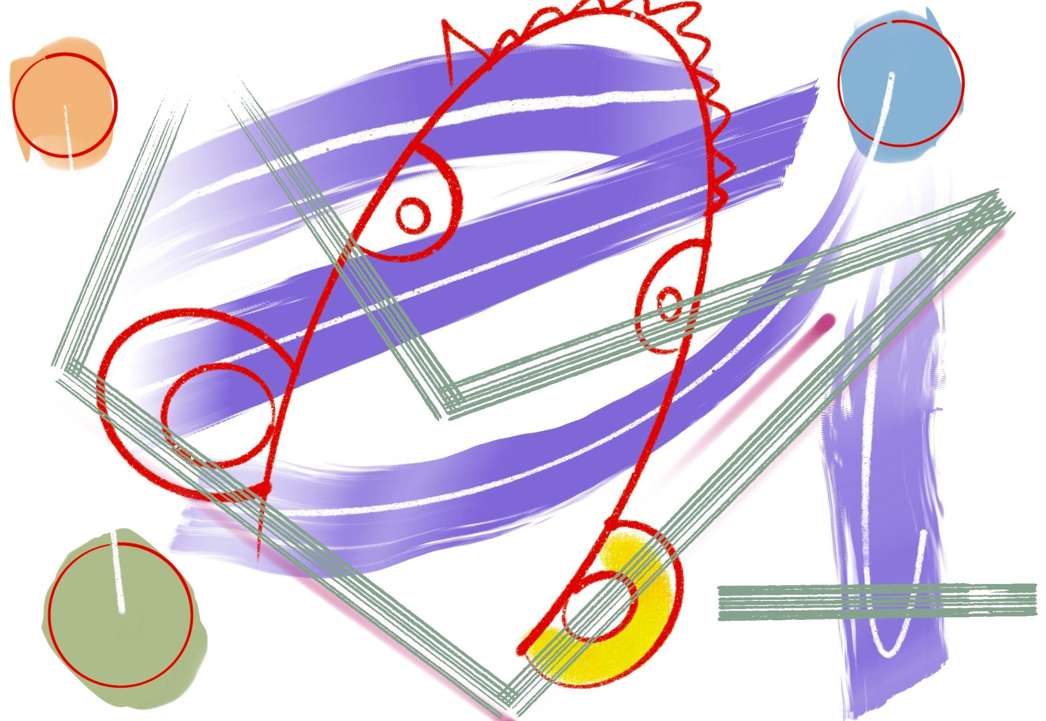 Abstract digital drawing of lines, circles and swashes