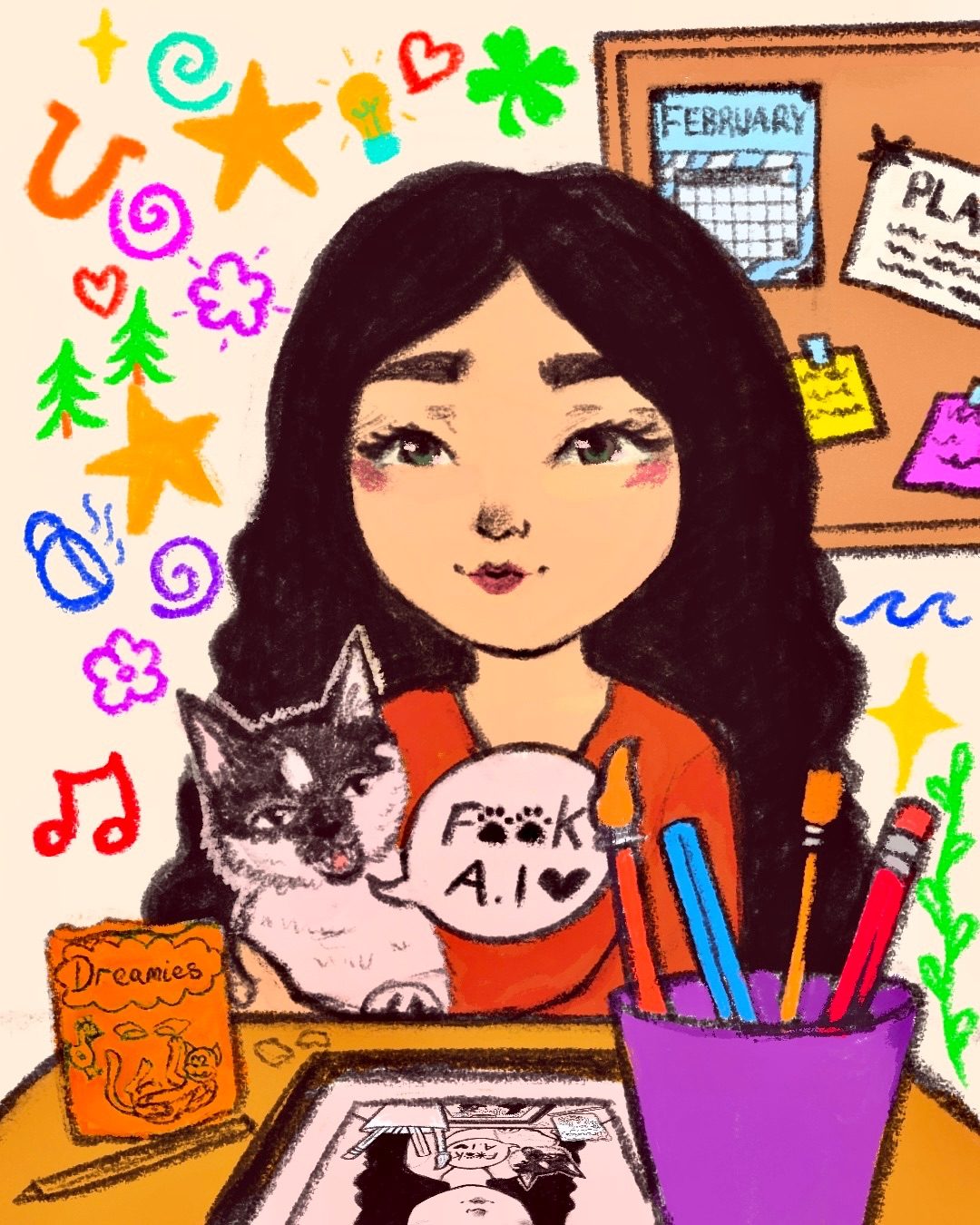 A cartoon version of me and my cat who is saying F🐾ck AI. My iPad is on the table in front of me, along with pencils and paintbrushes. Behind me is a corkboard with planners. Around me are doodles