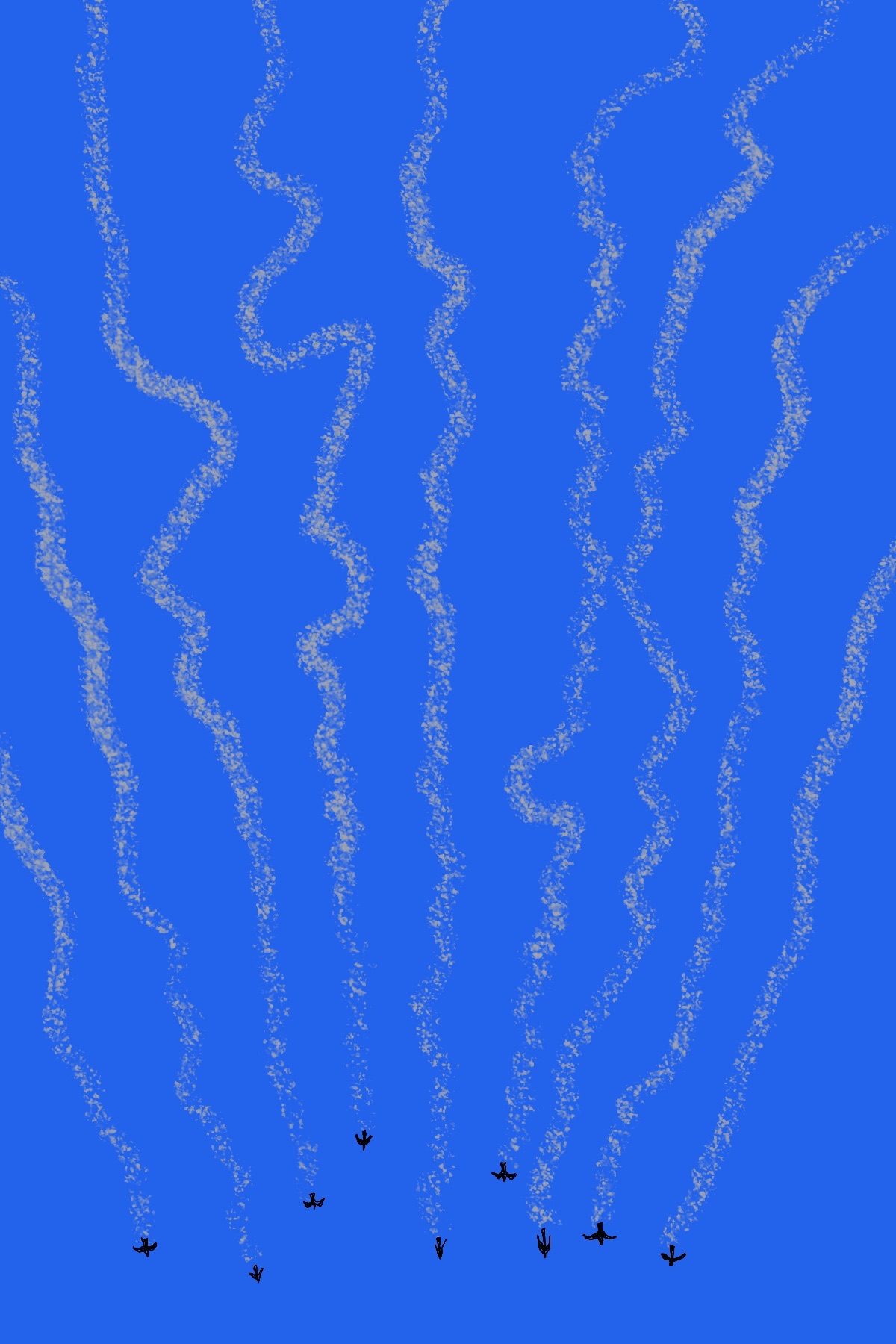 Small flock of birds leaving vapour trails as they fly in a blue sky