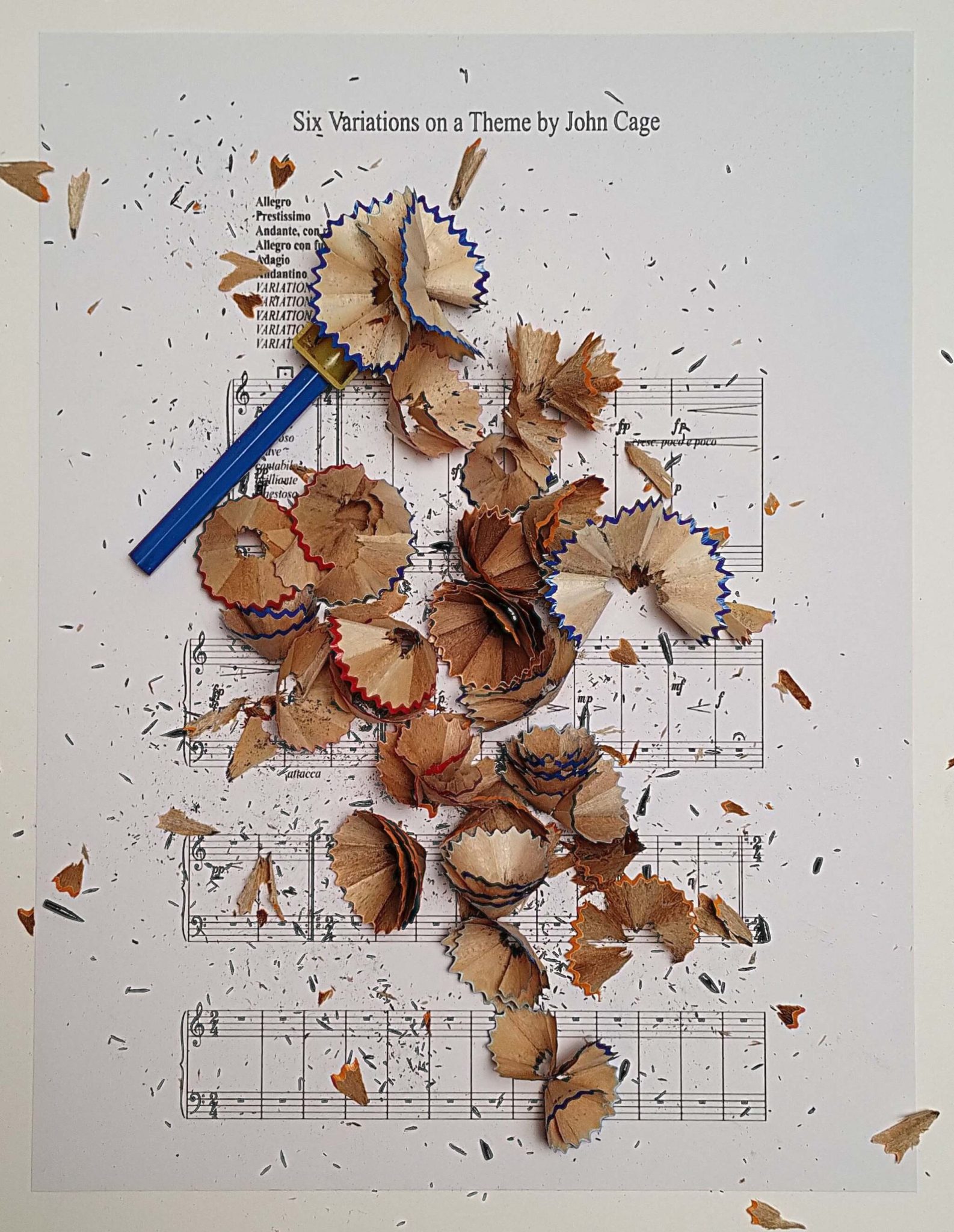 This is a photograph of a John Cage score sheet called 'Six variations on a Theme', onto which I shaved 6 lead pencils, covering the sheet with shavings.
