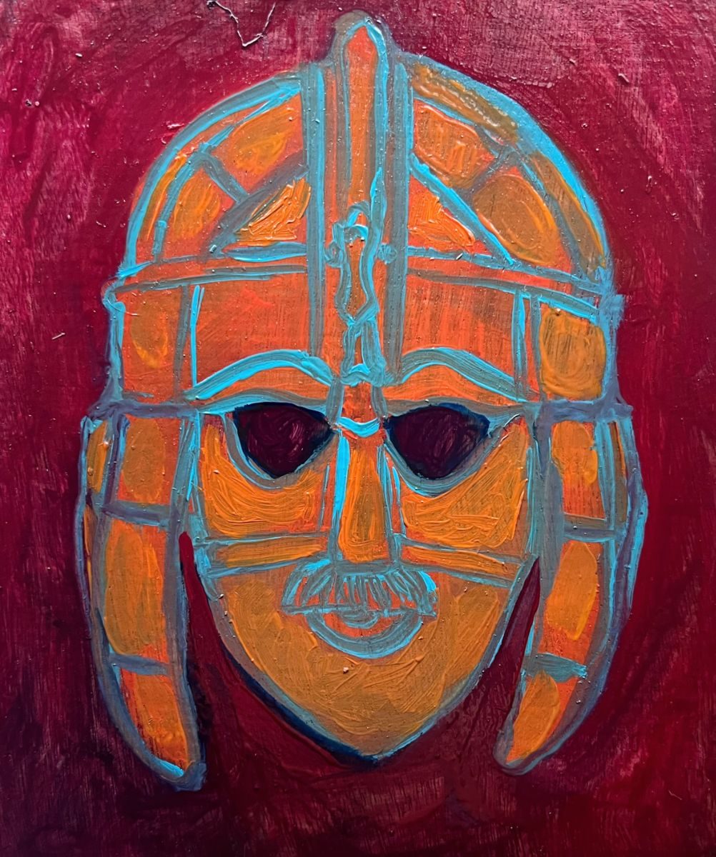 Oil painting of the Sutton Hoo helmet, oranges and light blue on red background