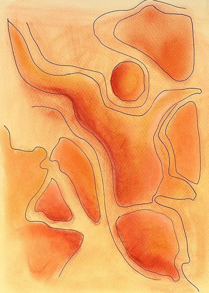 Abstract shapes in pink, orange red and ochre tones, resembles human form on beach