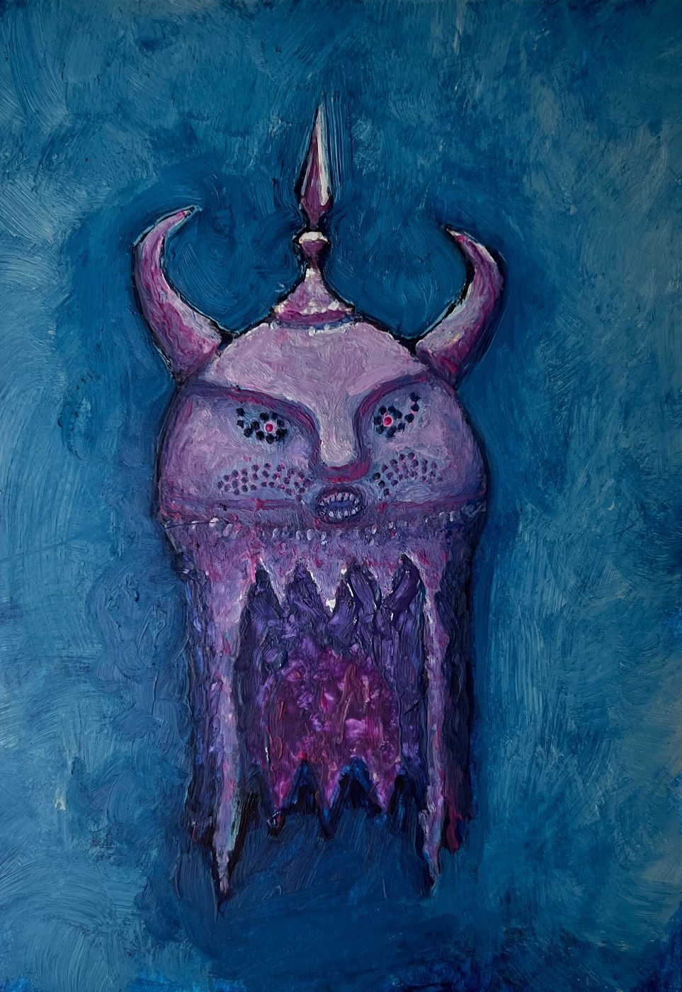 Oil painting of an Indo-Persian horned helmet in pinks and blues.