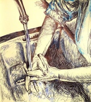 biro drawing of hands under running water. Little bit of blue added to the drawing, especially in clothing shown