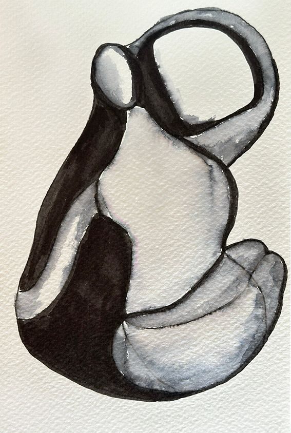 Black ink representing seated figure with water jug