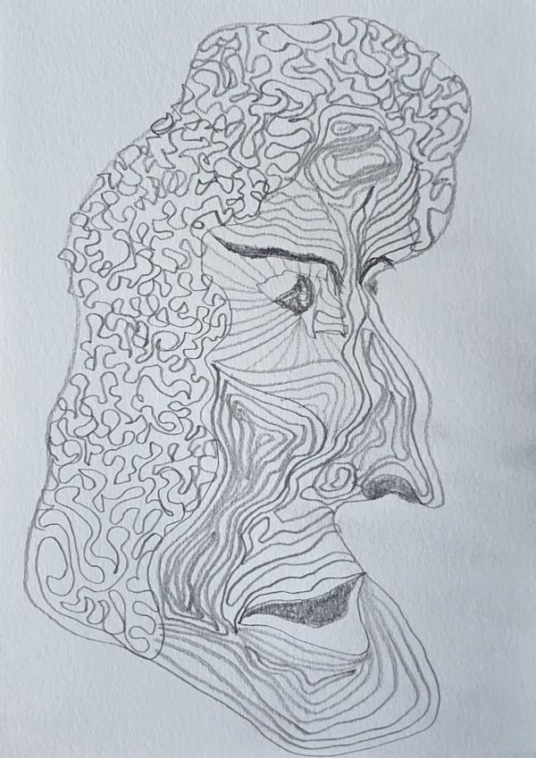 Swirling line drawing  of an abstract face depicting a feeling rather than being figurative.