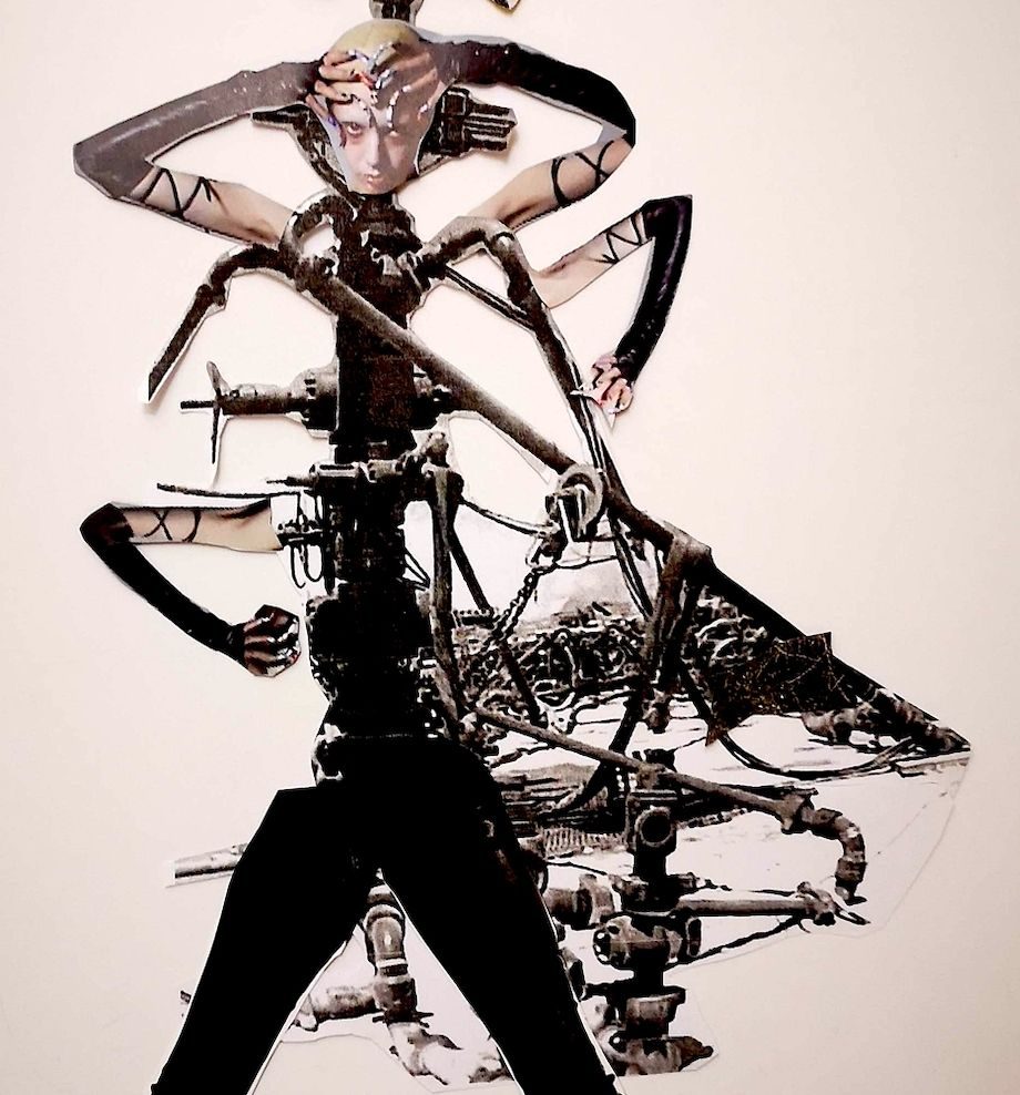 a collage of a partial female figure made of human and mechanical parts