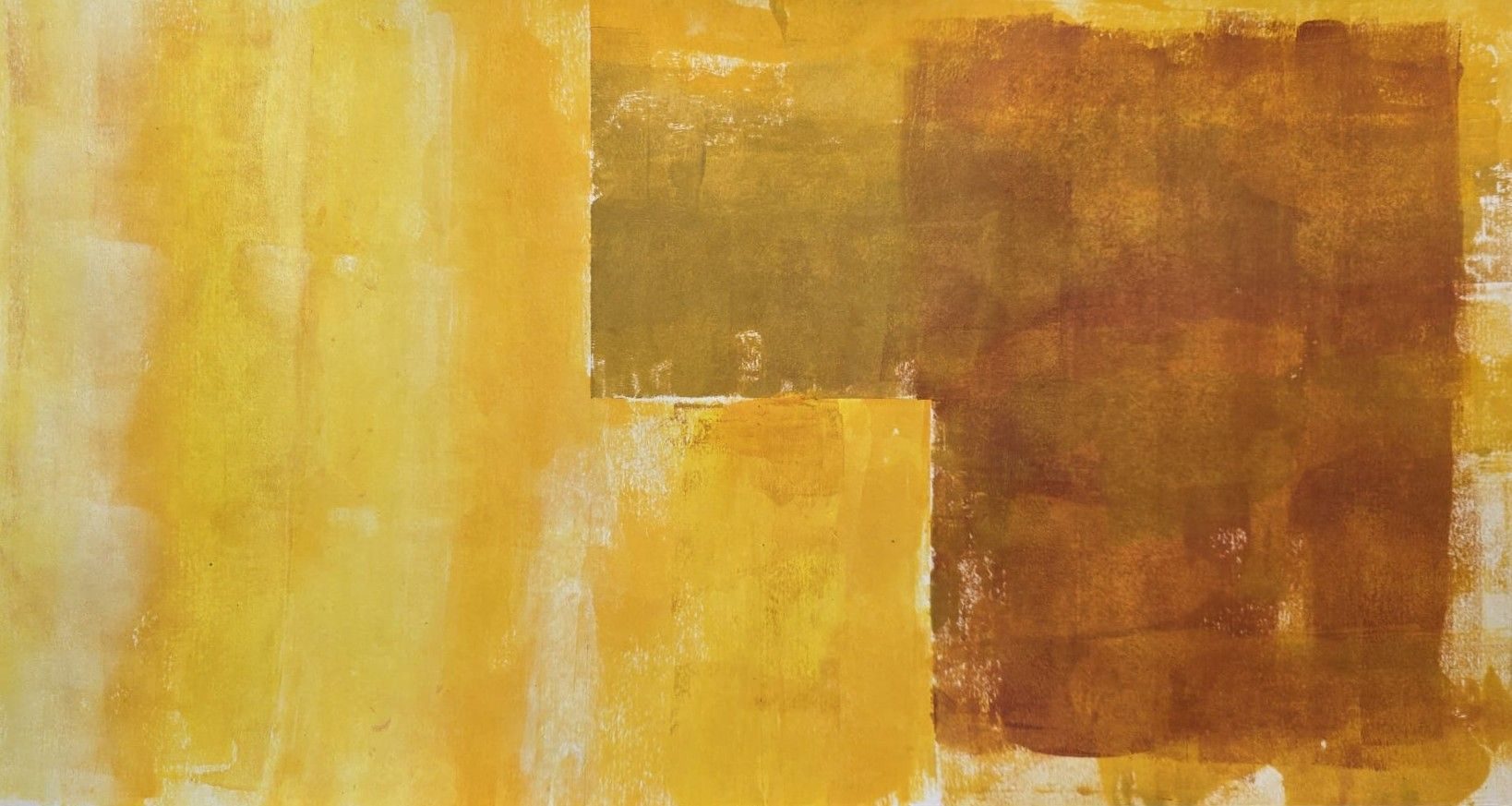 50 cm x 28 cm interlocking rectangles (a square cut out from each of them to allow interlocking) background in yellow, orange, white, yellow ochre and burnt sienna acrylic paint on paper