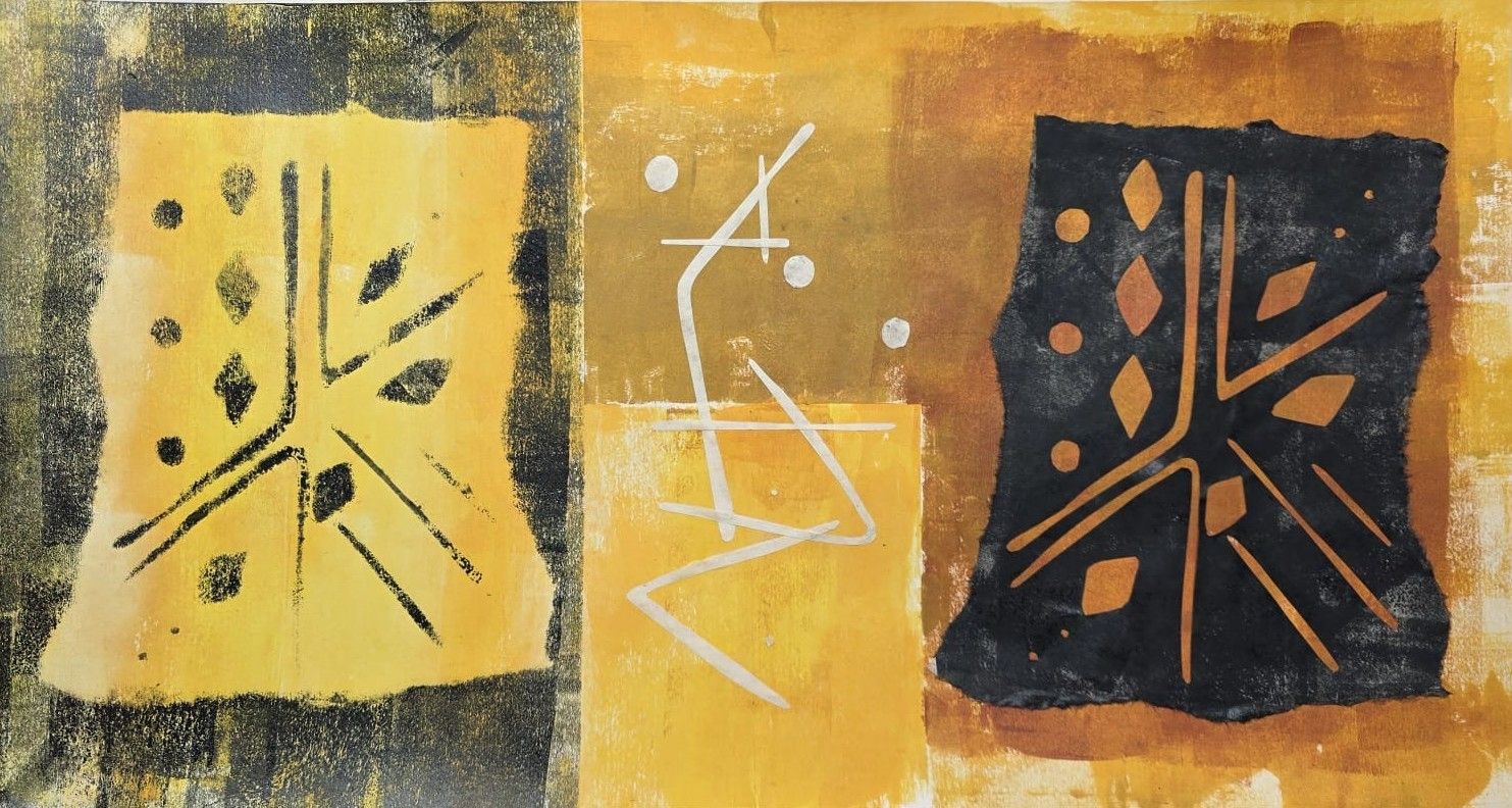 50 cm x 28 cm finished piece, acrylic, oil based ink and collage on paper.  Interlocking rectangles background in yellow, white, yellow ochre, orange and burnt sienna.  Collage stencil printed through with black ink, and mirror image collaged opposite with a central panel created from the cutouts and aligned to bring the composition coherence