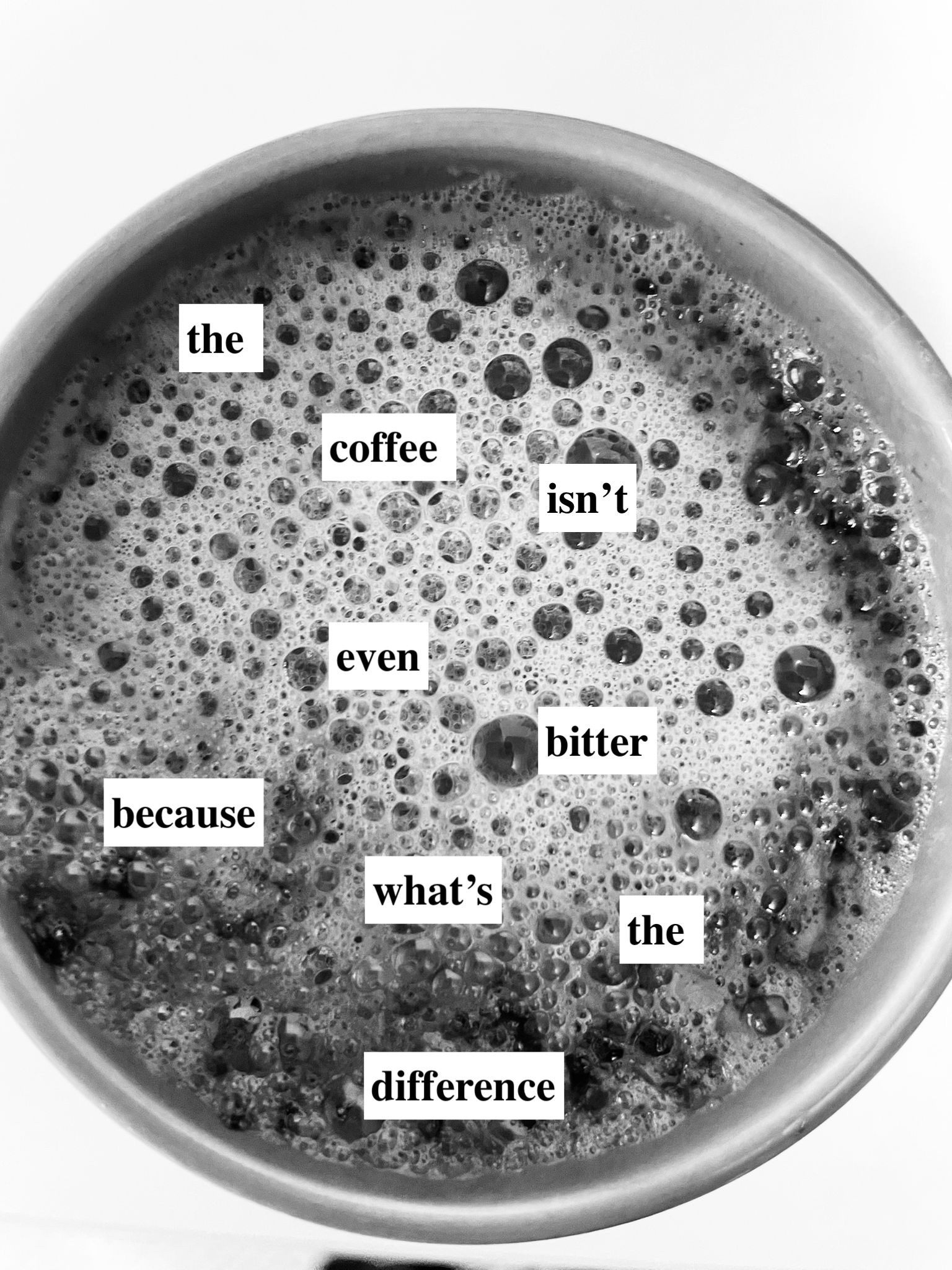 black and white photo of the top of a coffee mug with foam. black text on white background on image says 