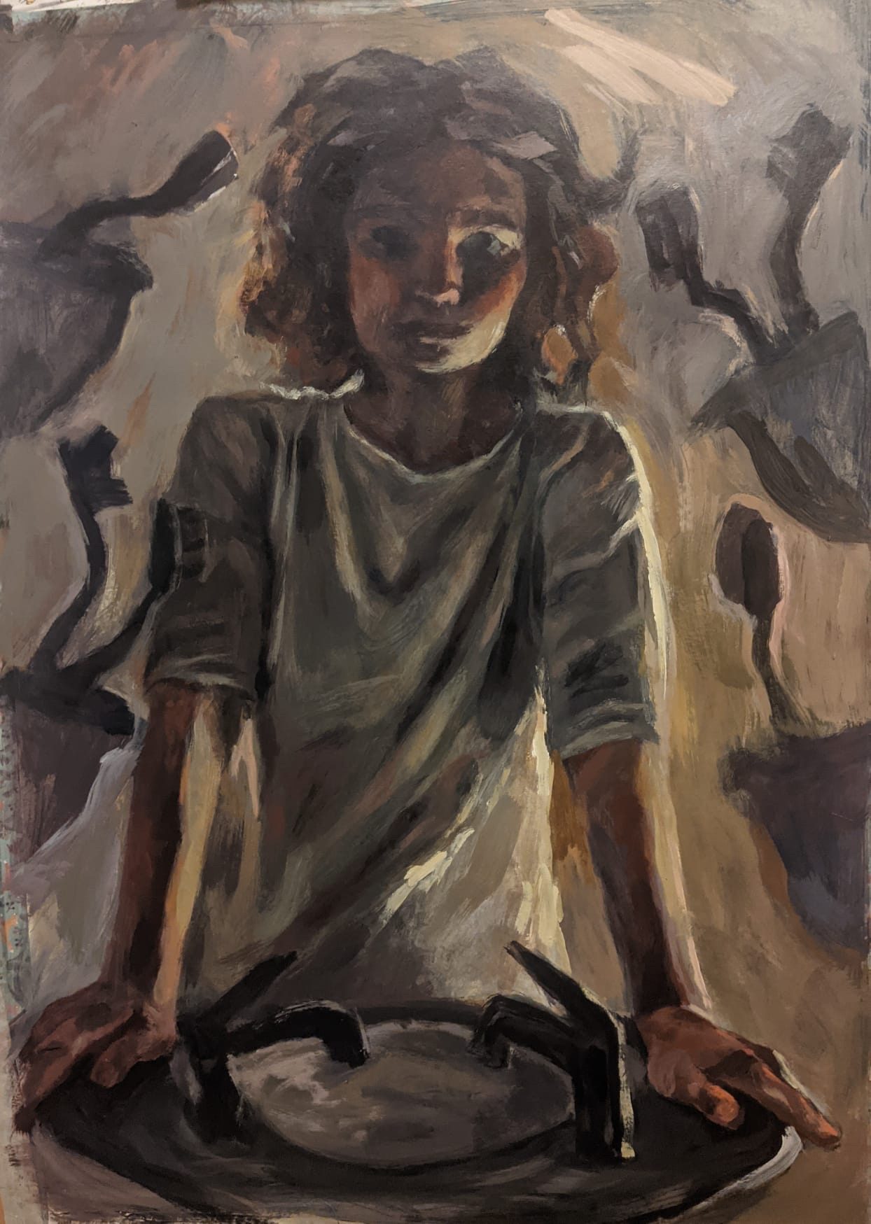 A painting of someone stood at a sink