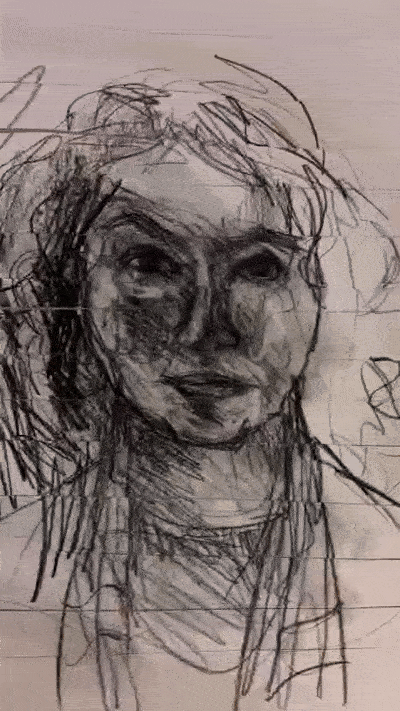 An animation made by cutting up a charcoal portrait