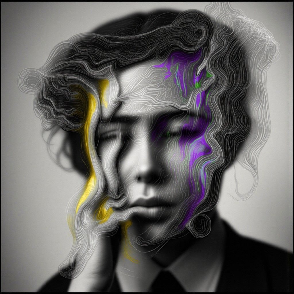 An AI generated image of a black and white face mashed with a swirly abstract acrylic painting