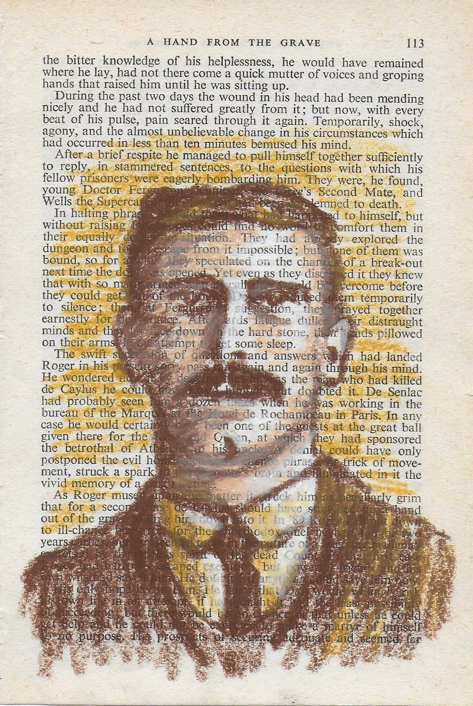 Oil pastel drawing in shades of brown of my grandmother's first husband on vintage book page