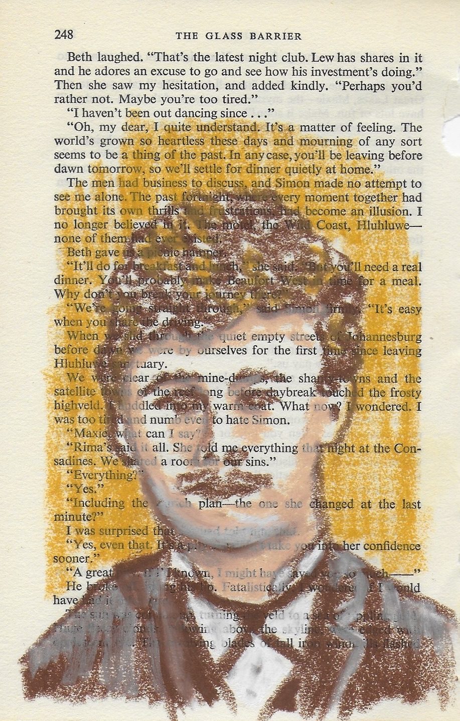 Oil pastel drawing in shades of brown of my great grandfather on vintage book page