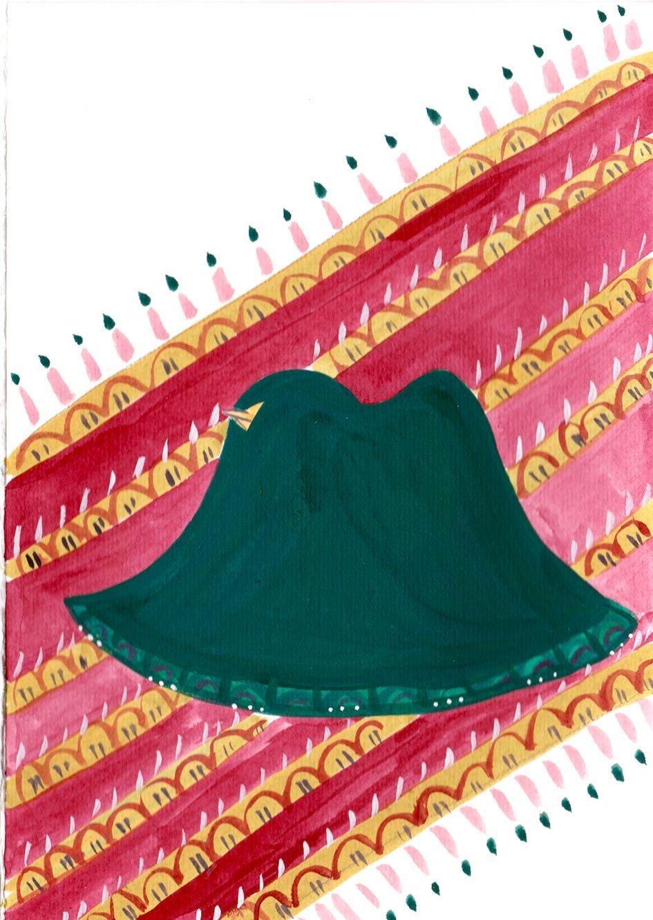 A painting of a Wren bird hiding under a green blanket on top of a decorative bed cover or rug